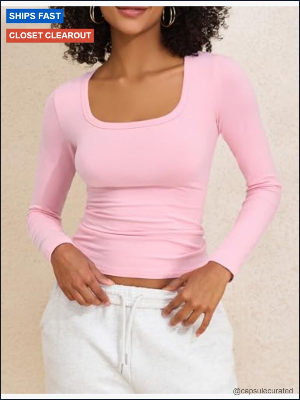 Cotton Square Neck Long Sleeve Slim Fit Tee - Picture 4 of 7
